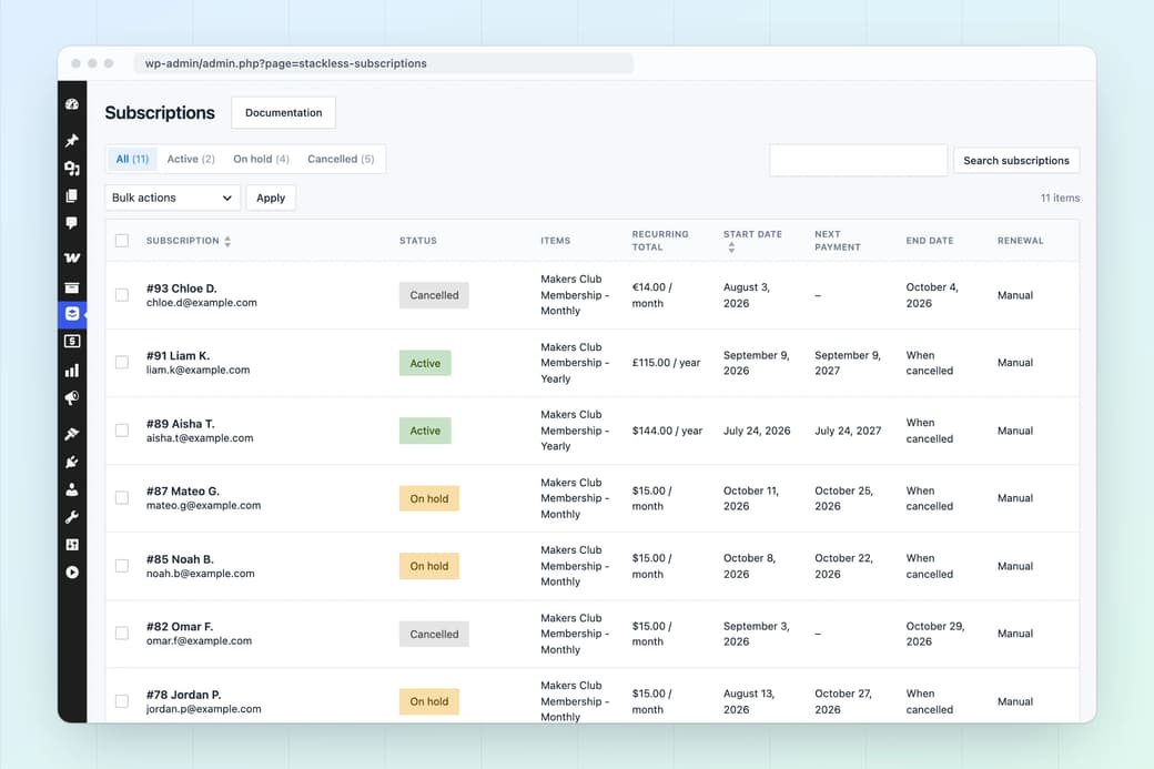 Stackless subscriptions list with active, on-hold and cancelled subscriptions, recurring totals, next payment dates and renewal mode