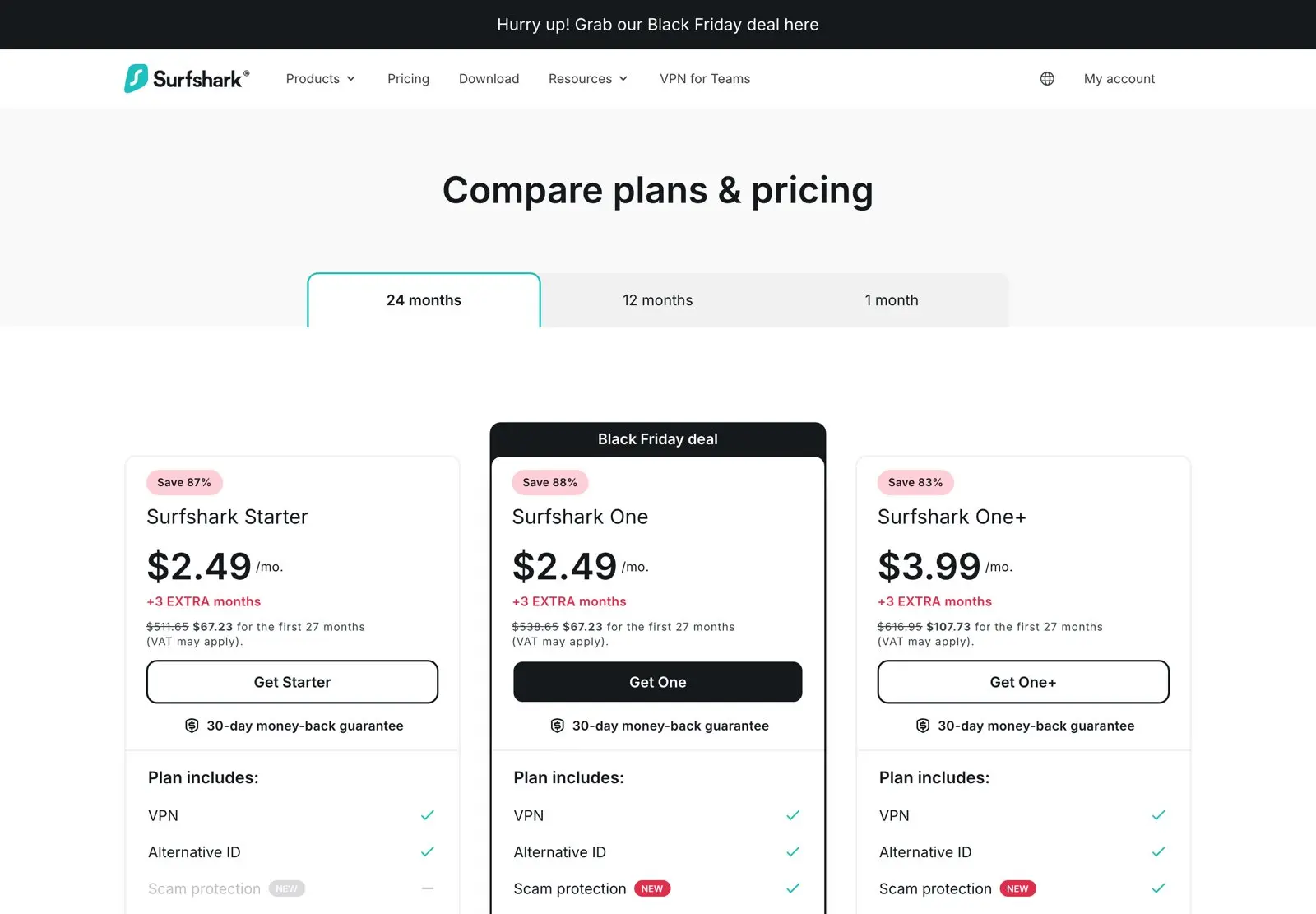 Surfshark pricing page with Black Friday prices: Starter and One at $2.49 and One+ at $3.99 a month on 24-month plans with 3 extra months