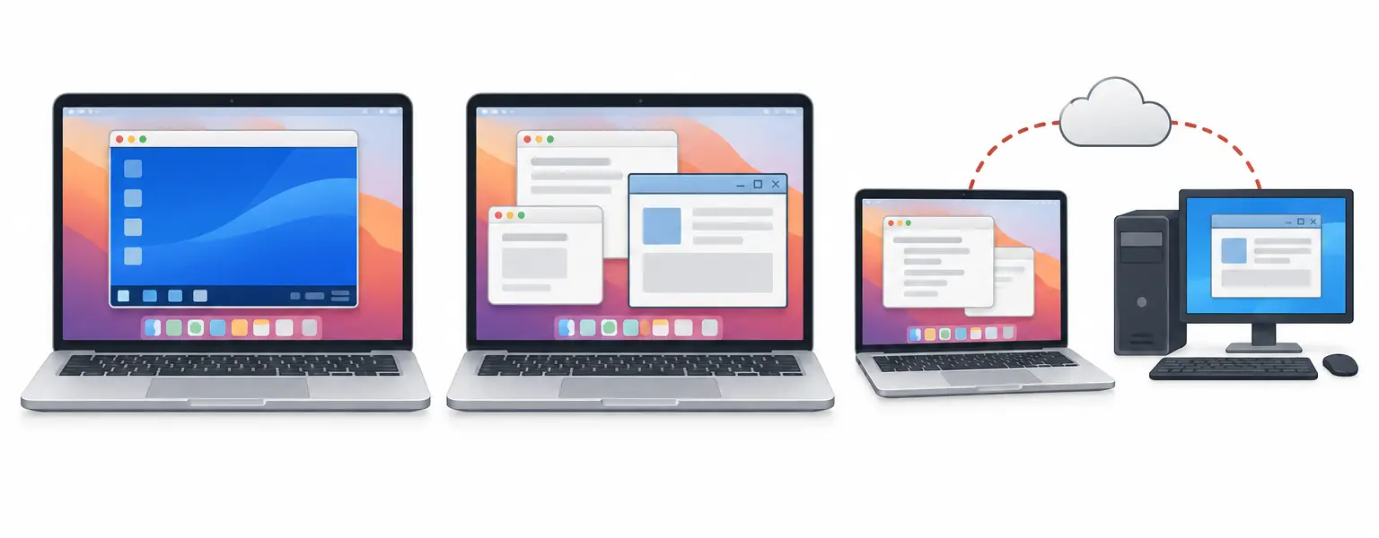 Three ways to run Windows apps on a Mac: a full Windows desktop inside a window, a single Windows app window among Mac windows, and a Mac connected to a remote Windows PC