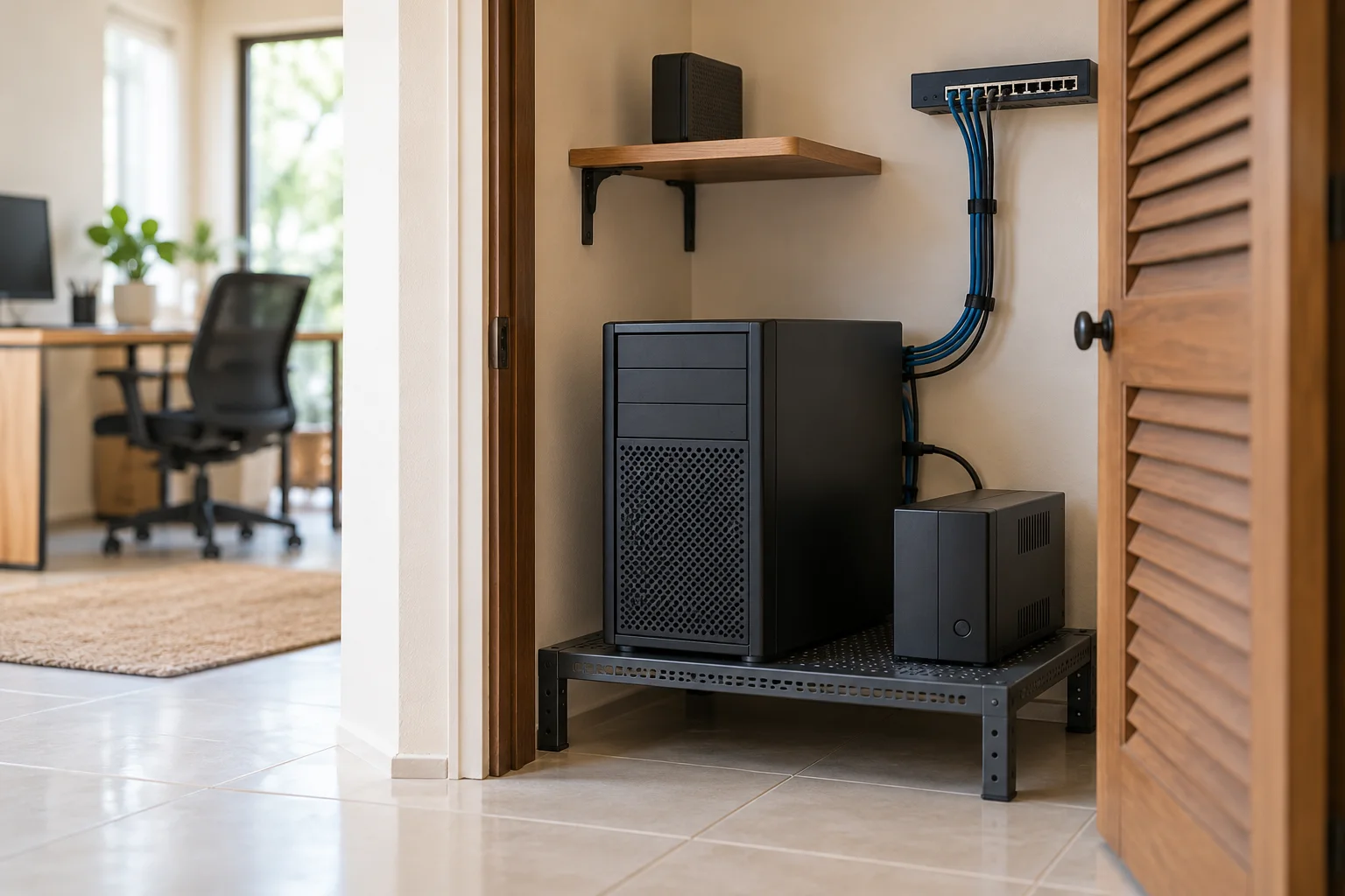Tower server on a raised ventilated stand in a louvered office alcove, with a UPS beside it, tied network cables to a wall switch and a separate backup drive on a shelf