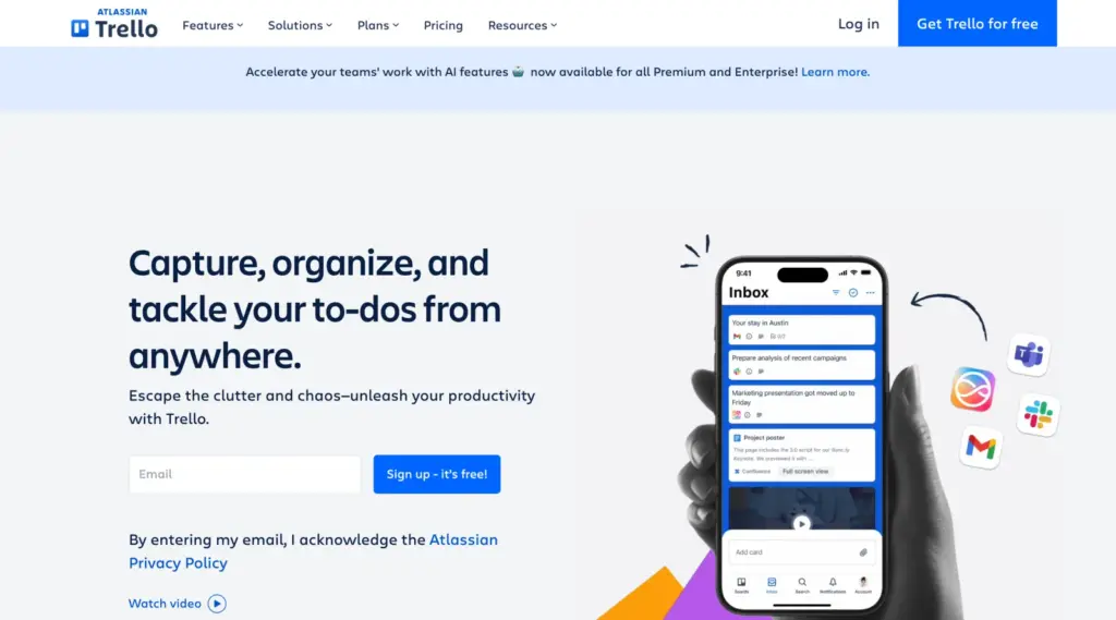 Trello homepage showing a mobile inbox board for capturing and organizing to-dos