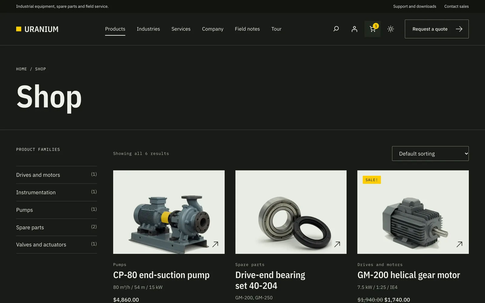 Uranium WooCommerce shop in dark mode