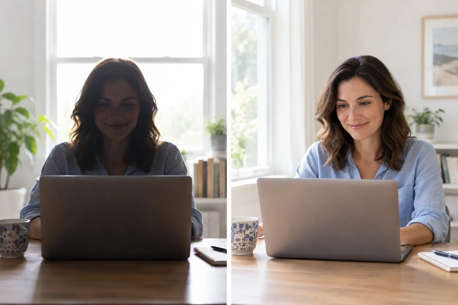 Two-panel comparison of the same woman on a laptop video call: face in shadow with a bright window behind her, and evenly lit with the window in front and to the side