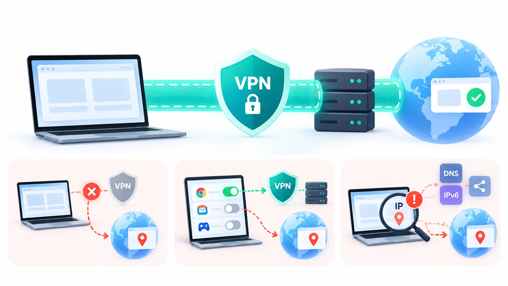 A VPN tunnel from a laptop to a website, above three ways your real IP can leak: a dropped connection, split tunneling and DNS or IPv6 leaks