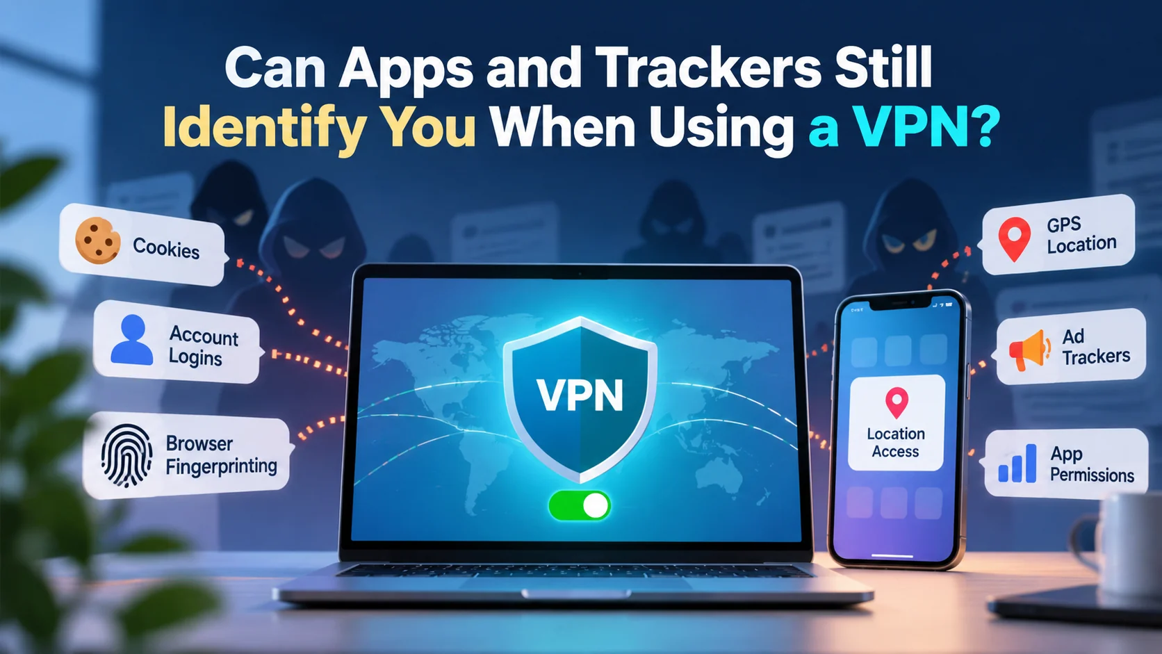 A laptop and phone connected to a VPN, surrounded by cookies, account logins, browser fingerprinting, GPS location, ad trackers and app permissions