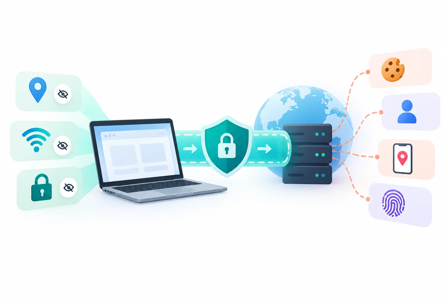 A laptop sends traffic through an encrypted VPN tunnel to a server, while cookies, account details, phone location and fingerprints still reach the web