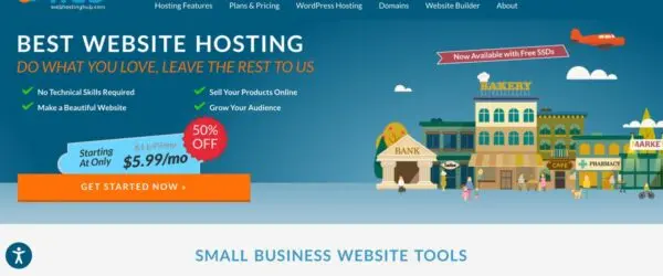 Web Hosting Hub homepage hero with a town illustration