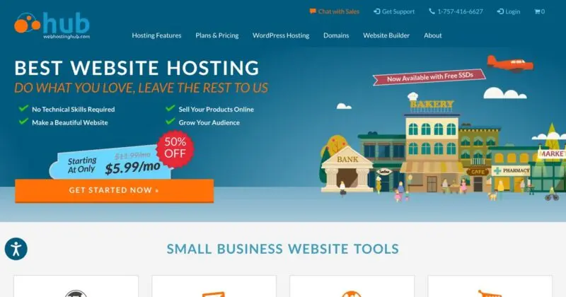 Web Hosting Hub homepage hero with a town illustration