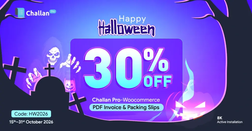 Challan Pro Halloween sale banner: 30% off every Challan Pro plan with code HW2026: $48/year instead of $69 (1 site), or $155 lifetime instead of $221.