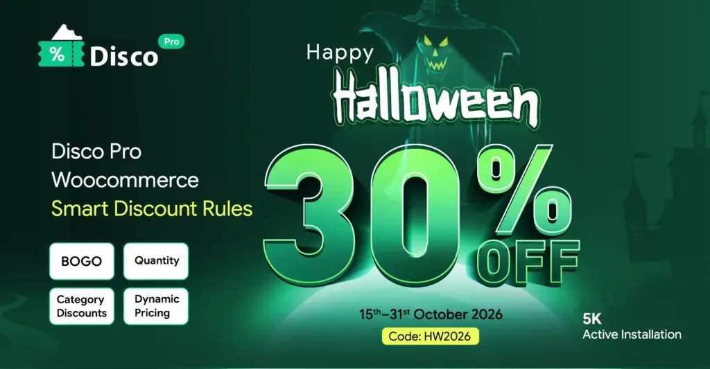 Disco Pro Halloween sale banner: 30% off every Disco Pro plan with code HW2026: $48/year instead of $69 (1 site), or $74 lifetime instead of $106.