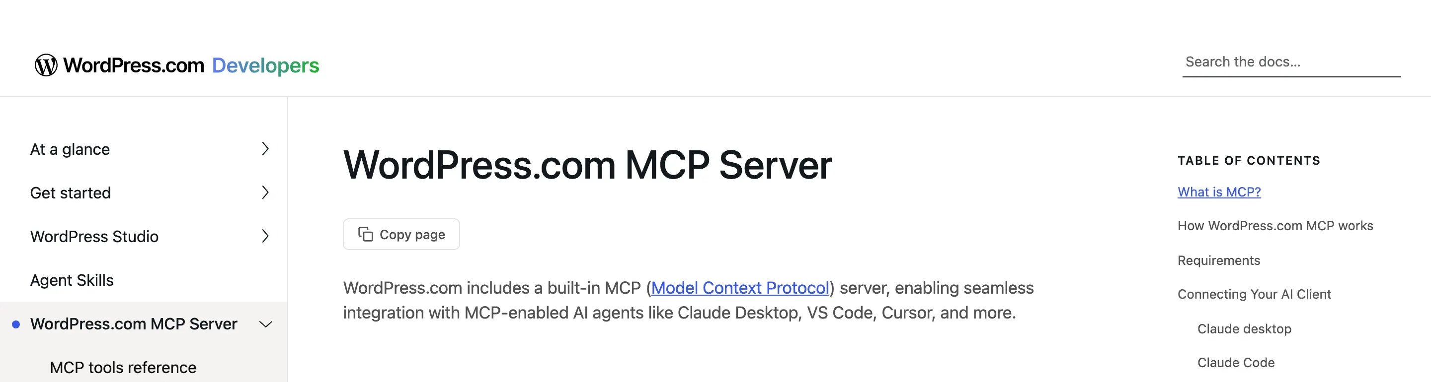 WordPress.com MCP Server documentation introducing its built-in connection for MCP-enabled AI clients.