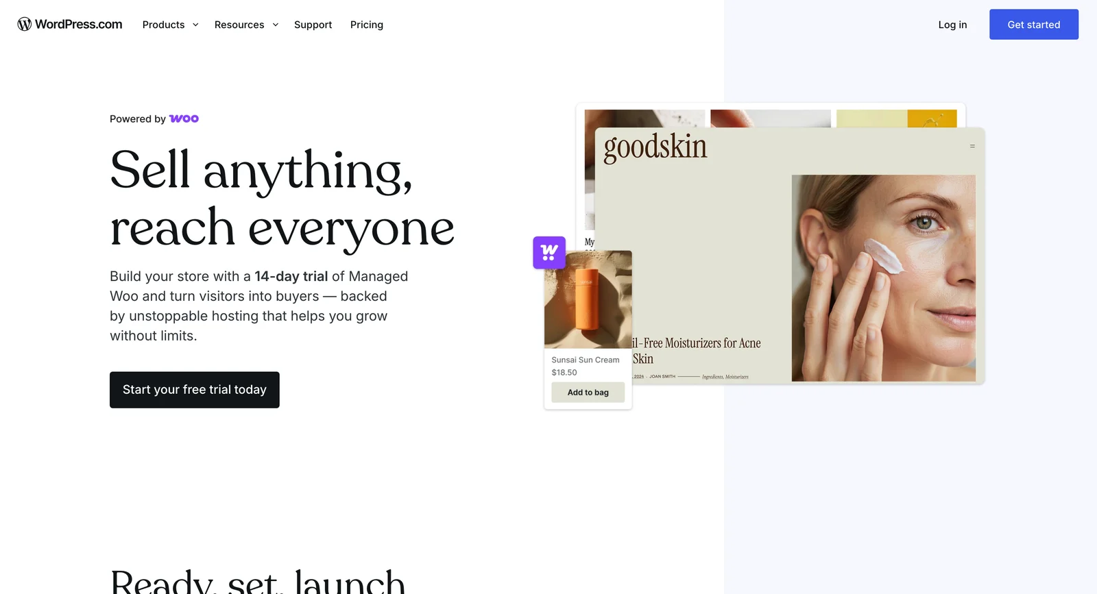 WordPress.com store landing page headed Sell anything, reach everyone, offering a 14-day trial of Managed Woo with a Start your free trial today button.
