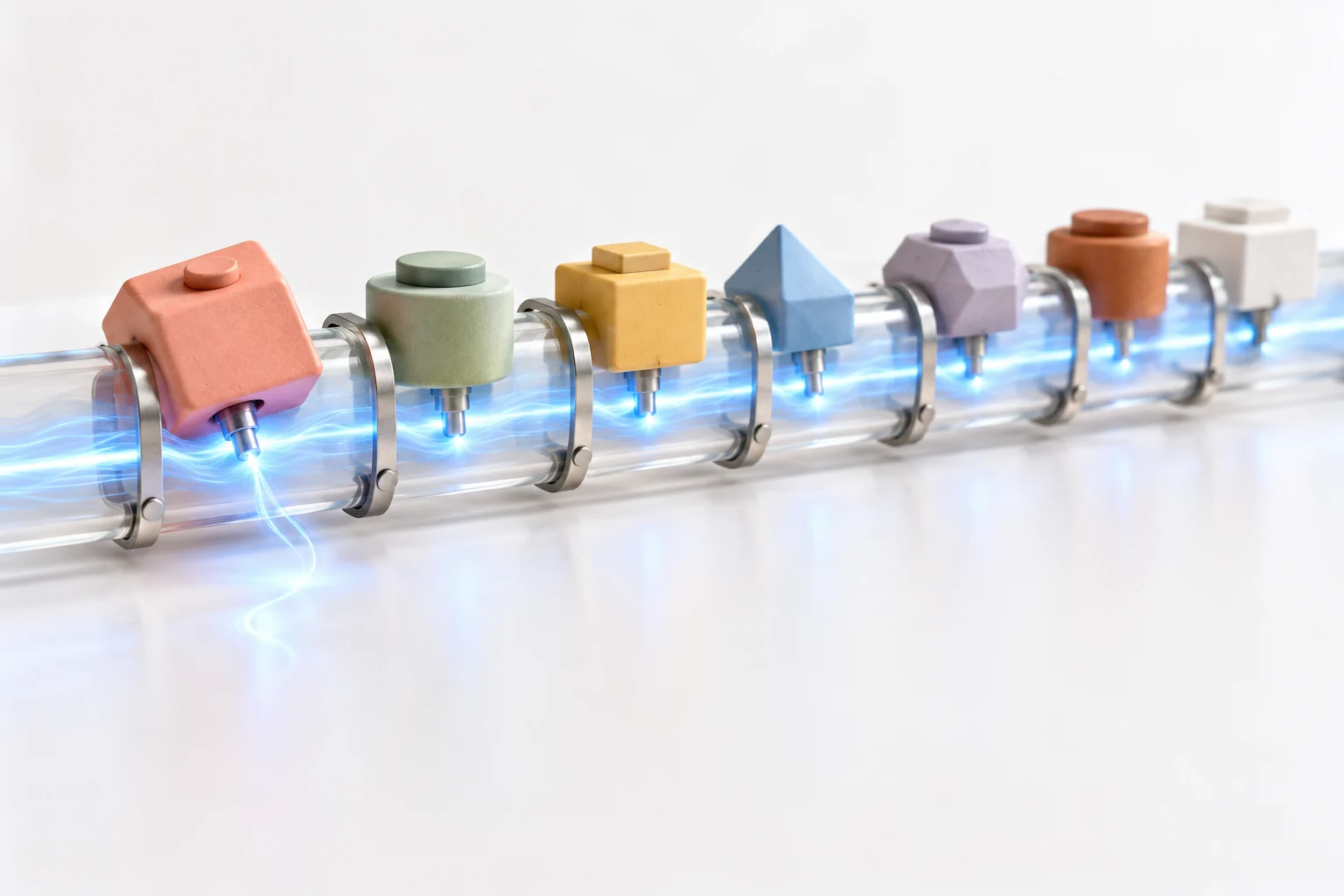 Seven different colored modules clipped onto one glass tube that carries a single stream of blue light, with the crooked coral module at the front leaking light out of the tube.