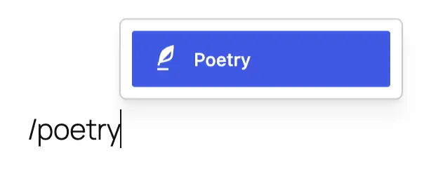 WordPress block inserter offering the Poetry block after typing the slash command