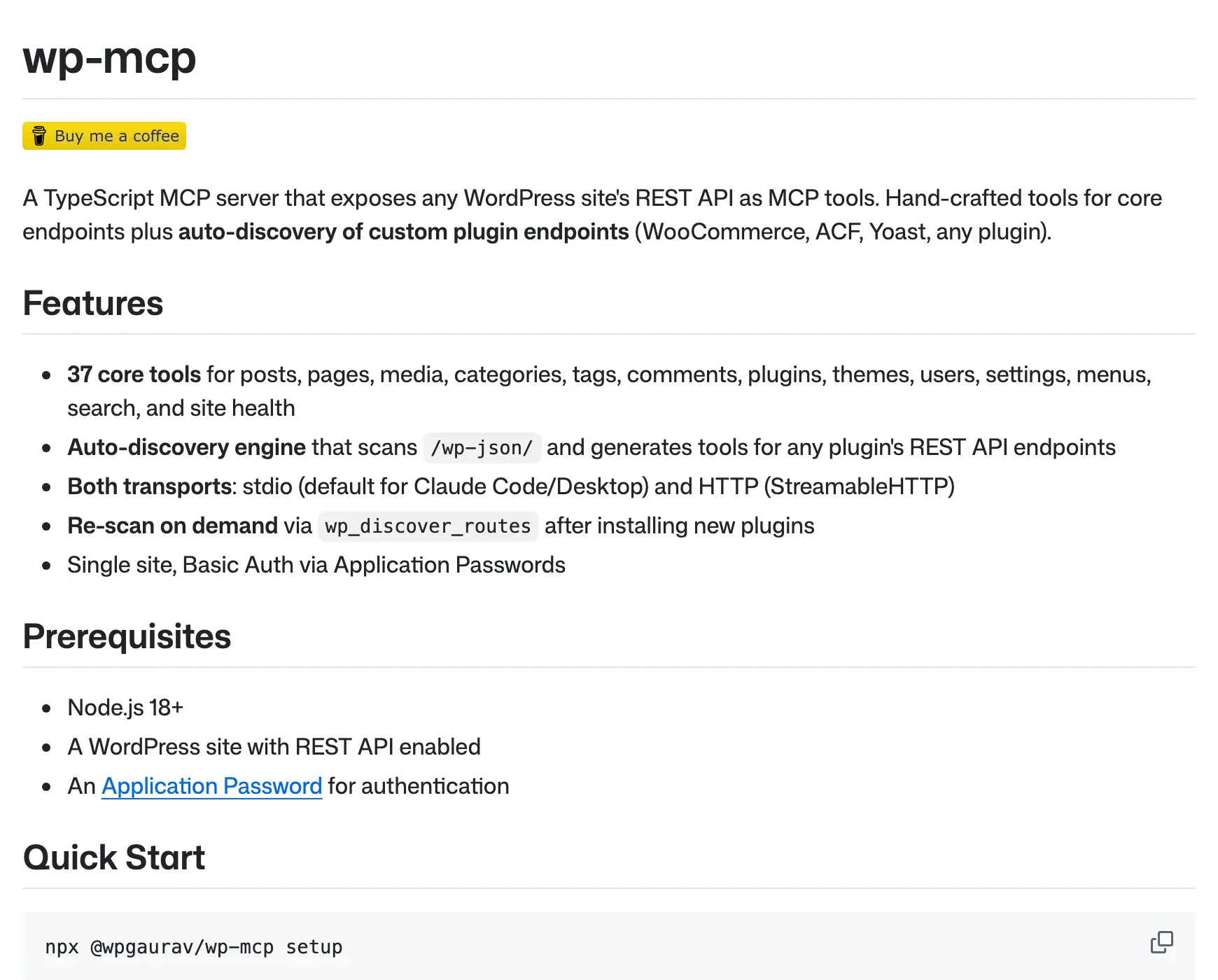 WP-MCP project introduction describing its TypeScript server, WordPress REST API tools and setup command.