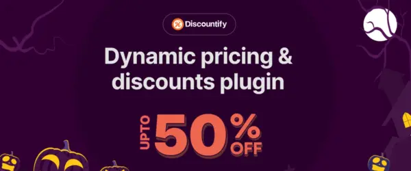 Discountify Halloween sale banner: 50% off the Discountify Enterprise lifetime license: $55 once instead of $109, unlimited sites, no code needed.