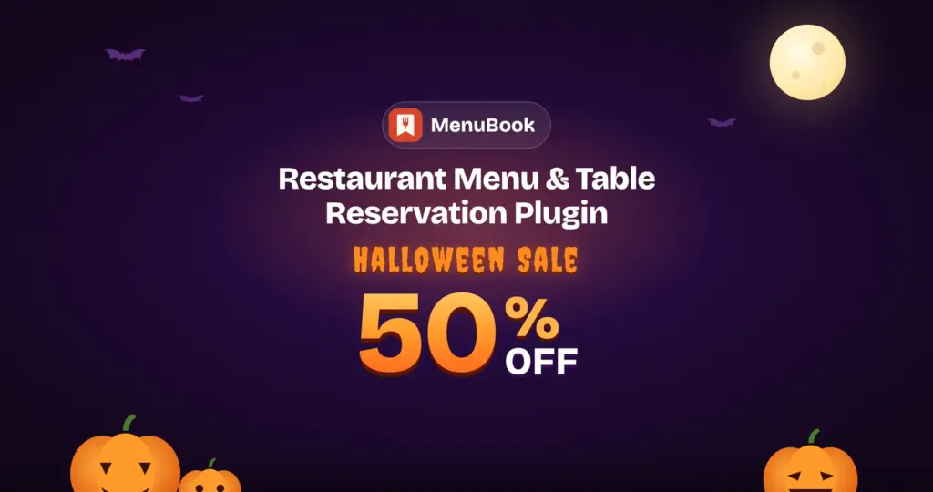 MenuBook Halloween sale banner: 50% off the MenuBook Enterprise lifetime license: $55 once instead of $109, unlimited sites, no code needed.