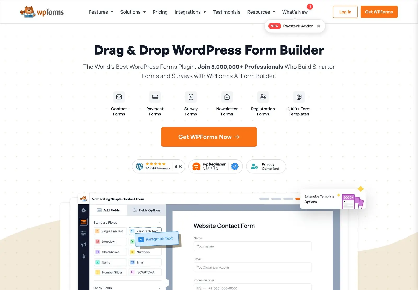 WPForms homepage with the Drag and Drop WordPress Form Builder headline and a preview of the form editor building a website contact form