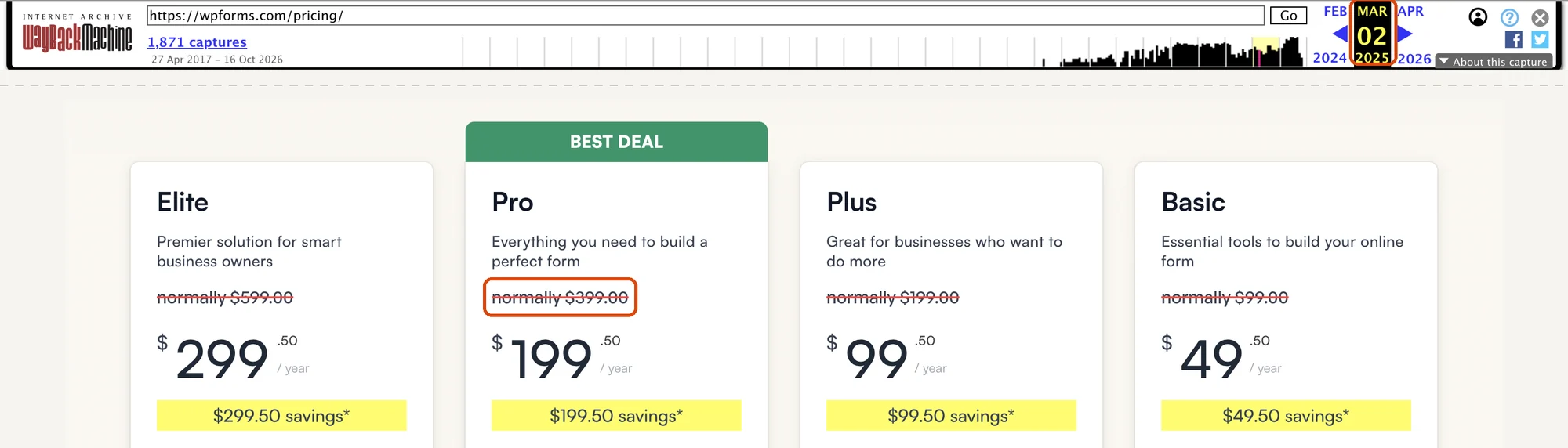 Internet Archive copy of the WPForms pricing page from March 2, 2025 showing the same plans at $299.50, $199.50, $99.50 and $49.50 under the same normally prices