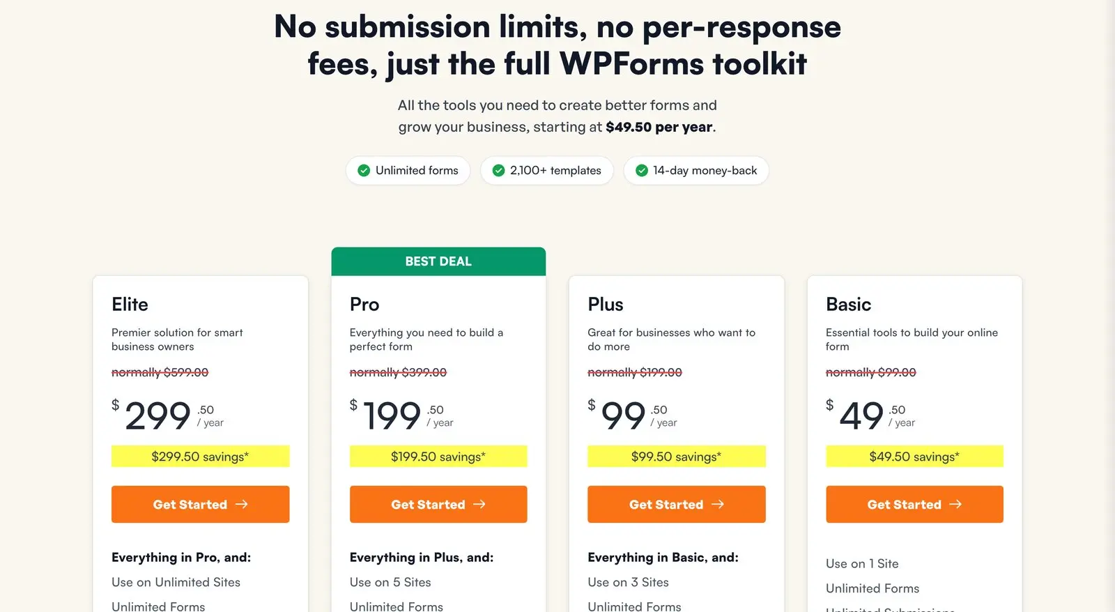 WPForms pricing page showing Elite at $299.50, Pro at $199.50, Plus at $99.50 and Basic at $49.50 a year, half the normal $599, $399, $199 and $99