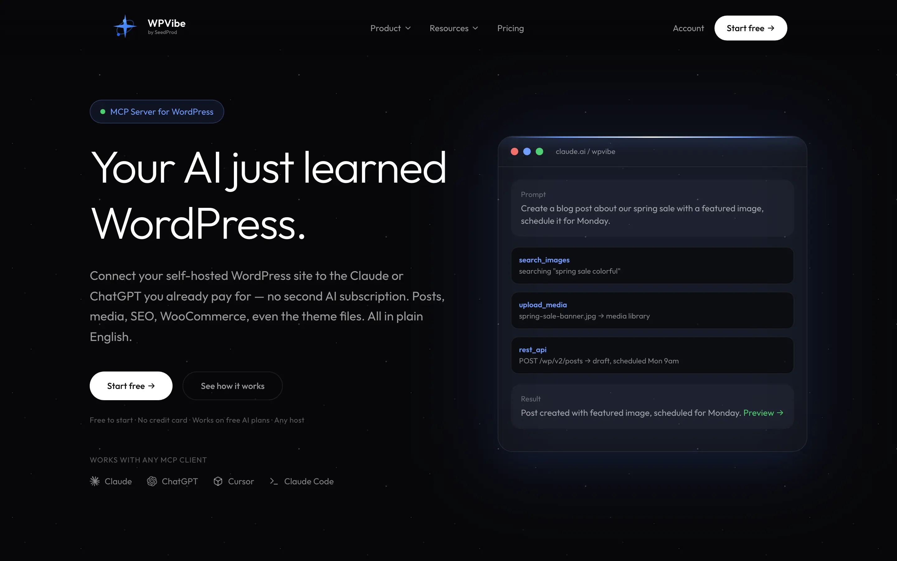 WPVibe homepage showing its WordPress MCP service and an example content and media workflow.