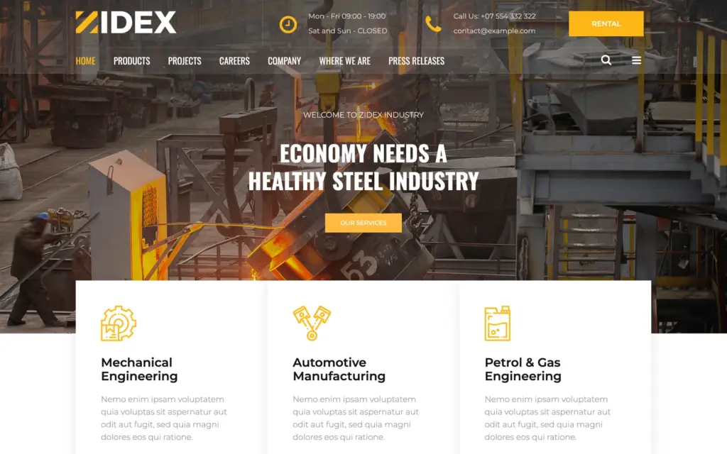 Zidex demo homepage for a steel plant, with Products, Careers and Where We Are in the menu and a Rental button