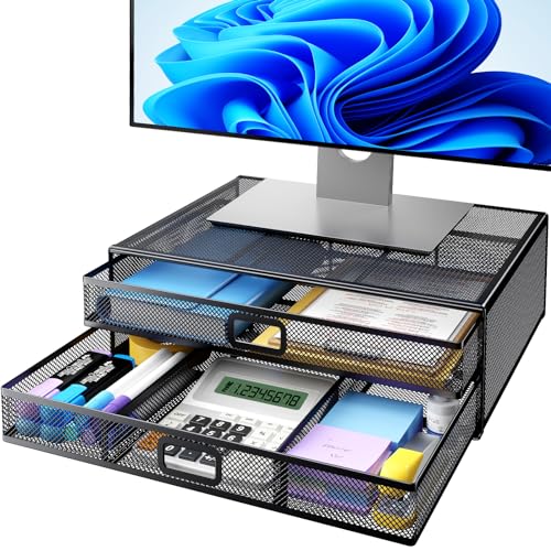 HUANUO 2-Tier Monitor Stand with Drawer, Metal Desk Organizer