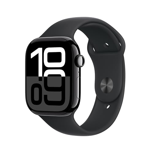 Apple Watch Series 10 [GPS 46mm case] Smartwatch with Jet Black Aluminium Case with Black Sport Band - S/M. Fitness...