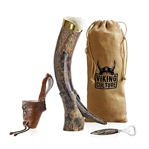 Viking Culture 16oz Drinking Horn with Beer Opener, Stand, Genuine Fur Belt Holster, and Burlap Bag