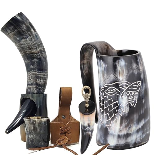 Brainmart Viking Drinking Horn Mug 6-Piece Set with Dire-Wolf Engraving, Stand, and Accessories