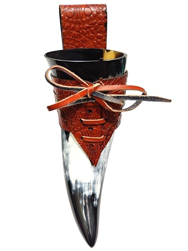 Viking Short Drinking Horn with Leather Holster - Food Safe, No Leaks, 8-10oz Norse Beer Mug