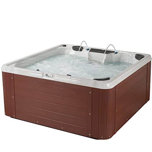 Essential Outdoor Hot Tub - 28-Jet Edgewater, Seats 5-6, Lounger Seating with Passive Therapy and Massage Features, Redwood
