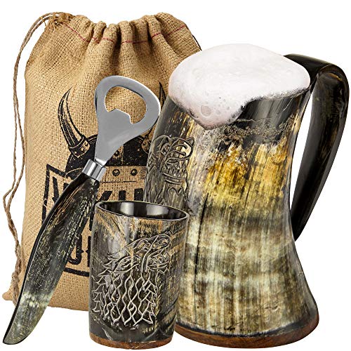 Viking Culture Ox Horn Mug, Shot Glass, and Bottle Opener 3-Piece Set with Wolf/Fenrir Engraving (16oz)