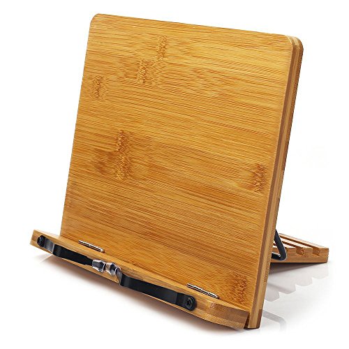 wishacc Bamboo Book Stand, Adjustable Holder with Page Clips