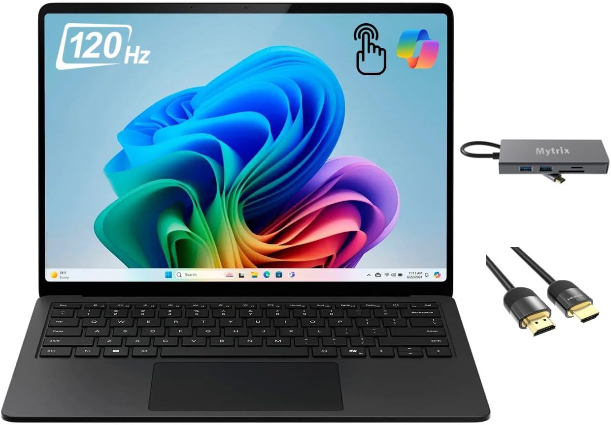 Microsoft Surface Laptop 7 Copilot+ PC 13.8  HDR Touchscreen 10-Core Qualcomm Snapdragon X Plus Qualcomm Adreno GPU 16GB RAM 1TB SSD WiFi 7 Backlit 11-in-1 Hub HDMI Cable Win 11 Black 16GB RAM | 1TB SSD Black