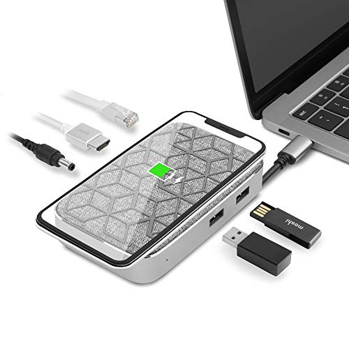 Moshi Symbus Q USB C Hub 6-in-1 Docking Station with 15W Wireless Charger for iPhone 12 Series AirPods Pro/Galaxy/Pixel HDMI 4K HDR USB C PD Fast-Charging 60W Dual USB-A Gigabit Ethernet Port