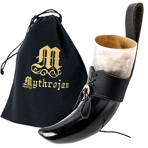Mythrojan Black Viking Drinking Horn 8oz with Leather Strap - Compact Medieval Beer Horn