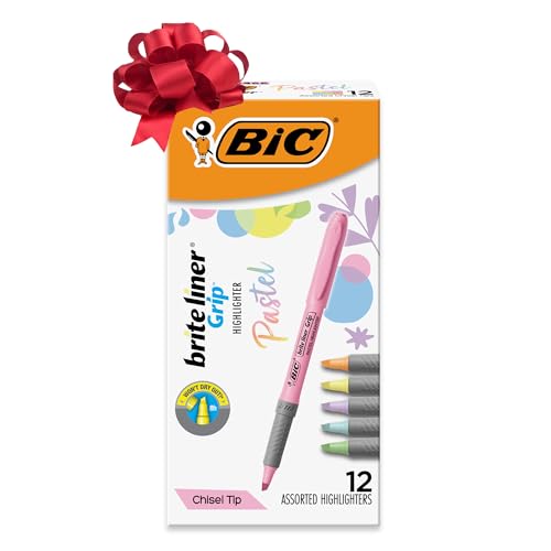 BIC Brite Liner Grip Pastel Highlighters, 12-Count Assorted Colors
