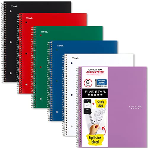 Five Star Spiral Notebook + Study App, 6 Pack, College Ruled, 100 Sheets