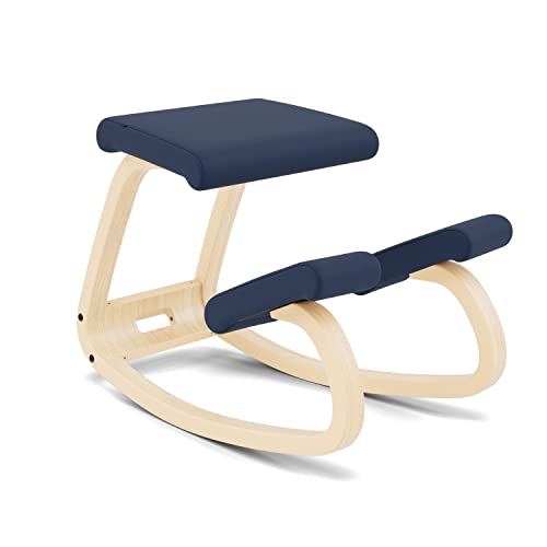 Varier Variable Balans Original Kneeling Chair Designed by Peter Opsvik  Dark Blue Revive Fabric with Natural Ash Base