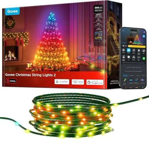 Govee Christmas Lights 2, 99 ft 300 LED Smart RGBWIC String Lights, Green Wire