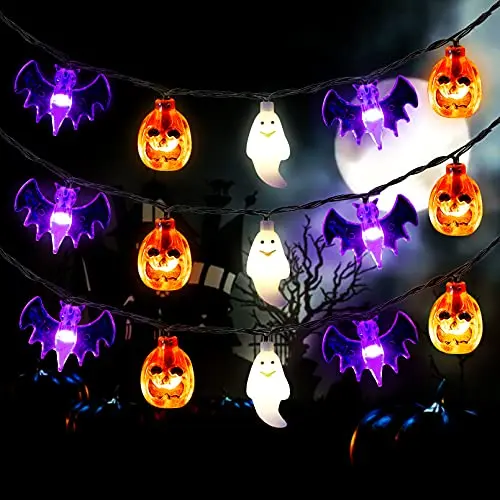 Mosoan Halloween Lights, 20 ft 30 LED Pumpkin, Ghost and Bat String Lights with Timer
