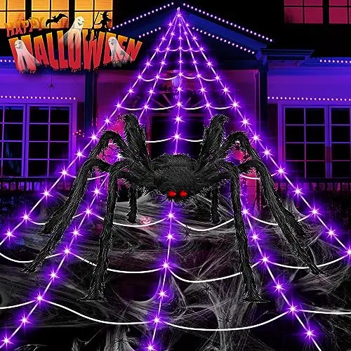 partyMoonet 200 LED Giant Spider Web Lights, 16.4 ft, with 6.6 ft Spider