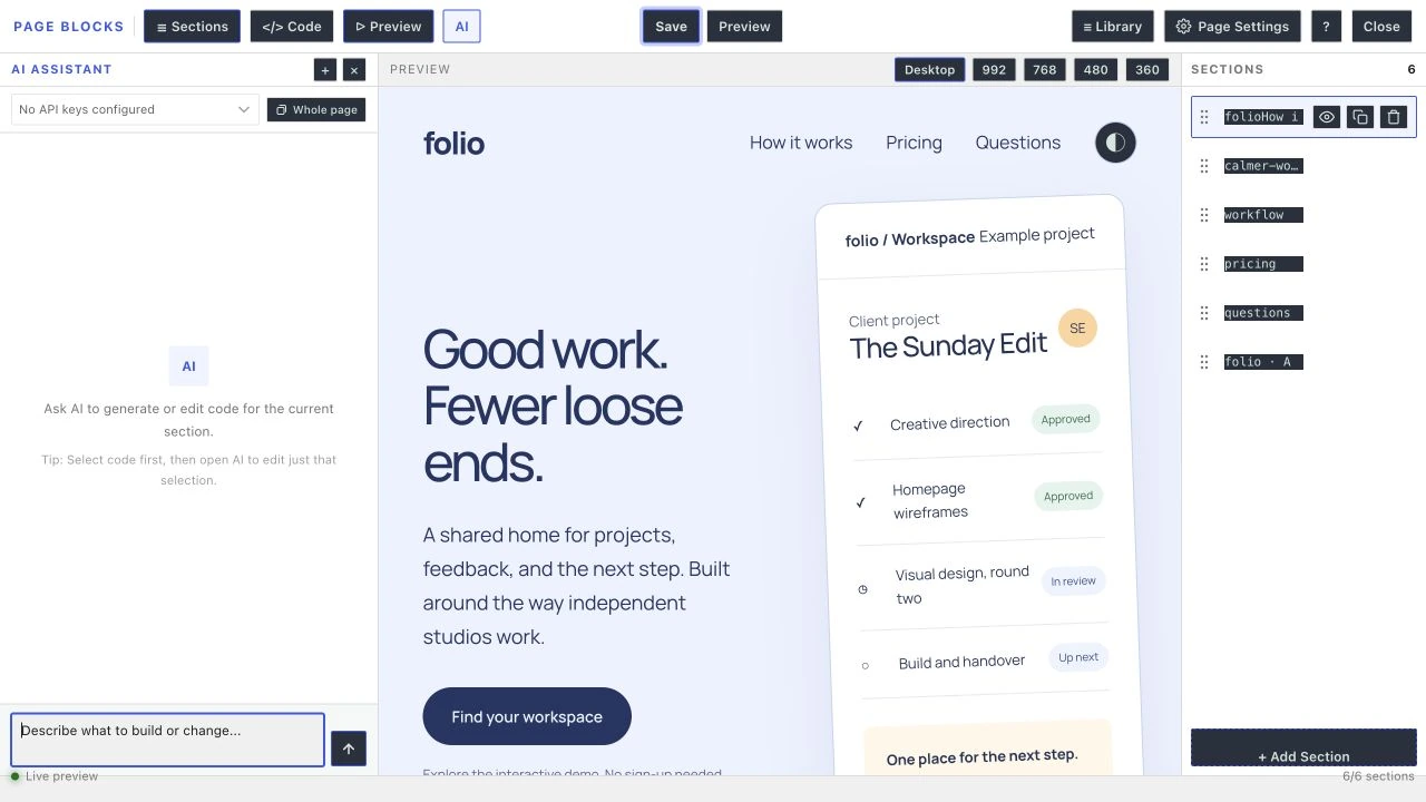AI sidebar beside the Folio workshop before a provider is configured.