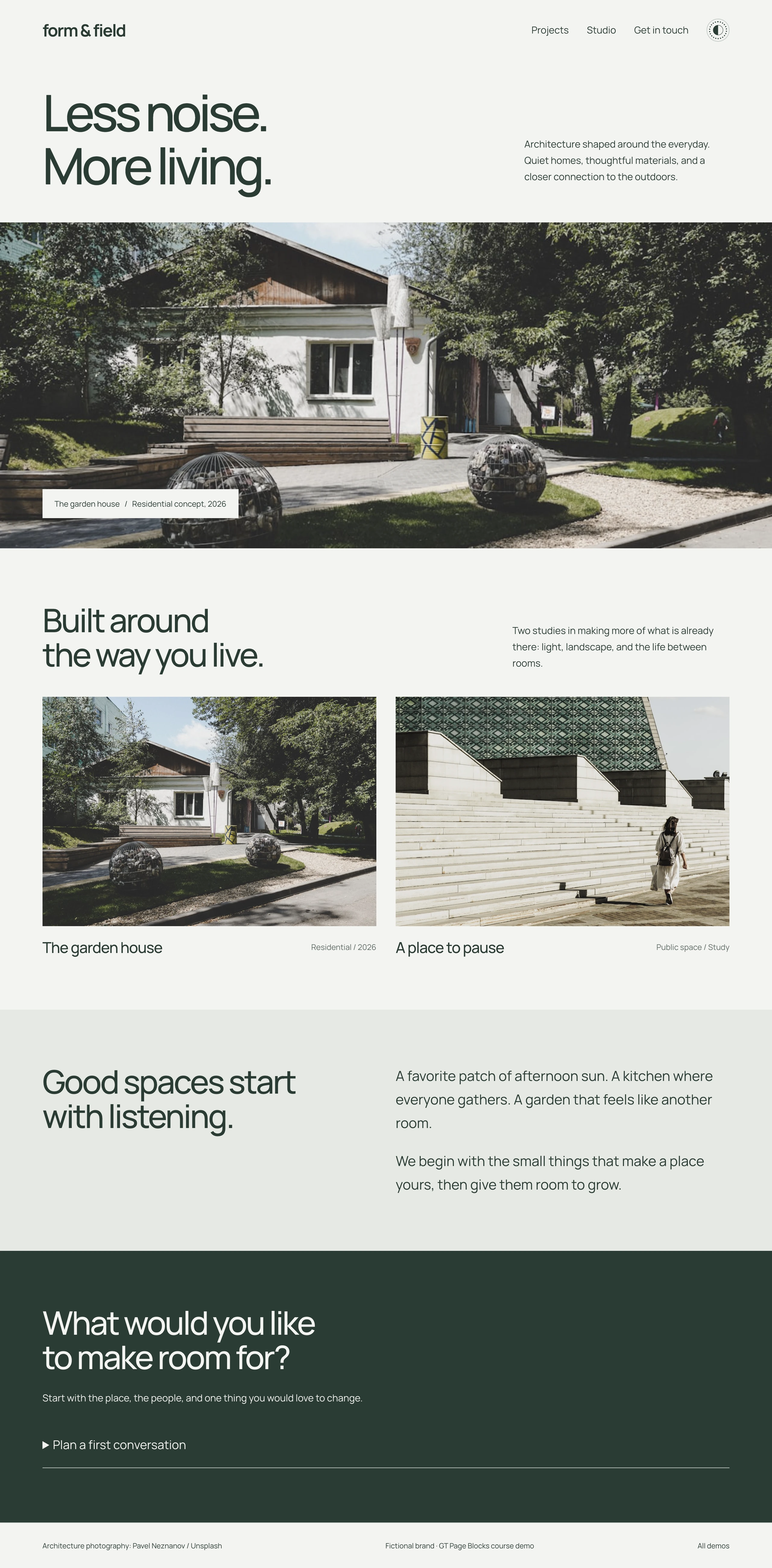 Form and Field architecture page with edge-to-edge photography and its own header and footer.