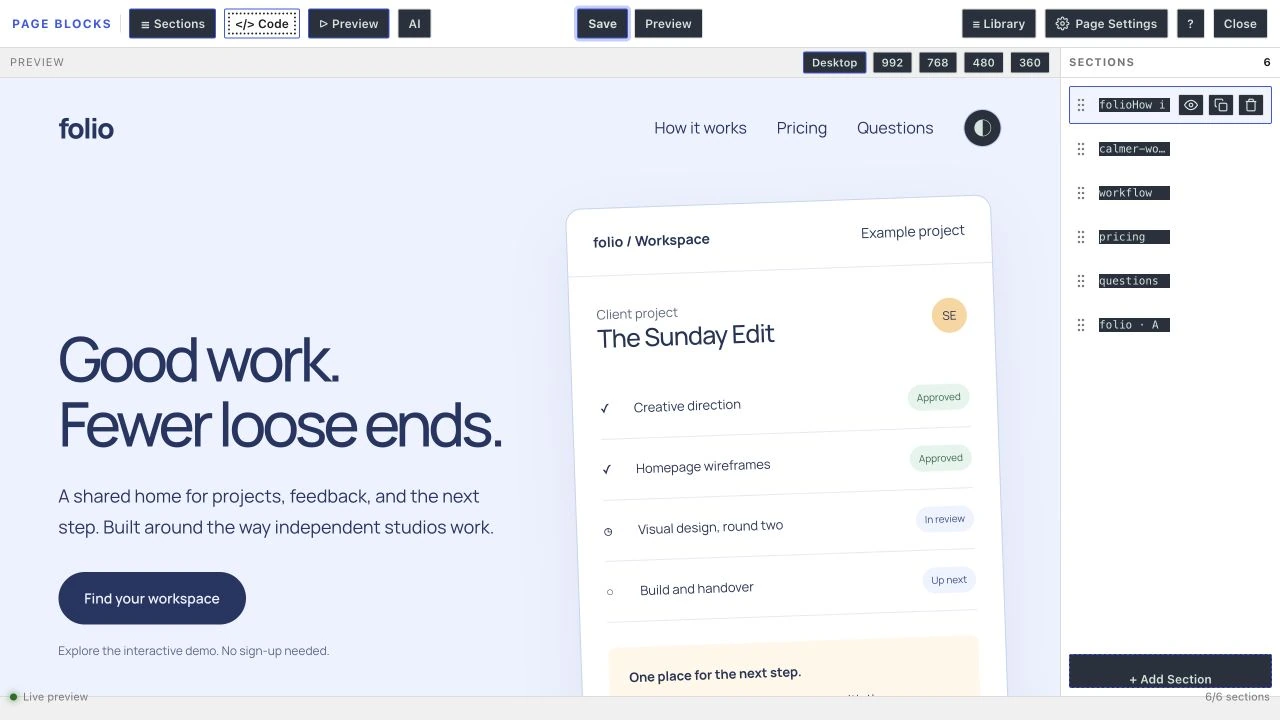 Folio page inside the visual builder with its six-section list.