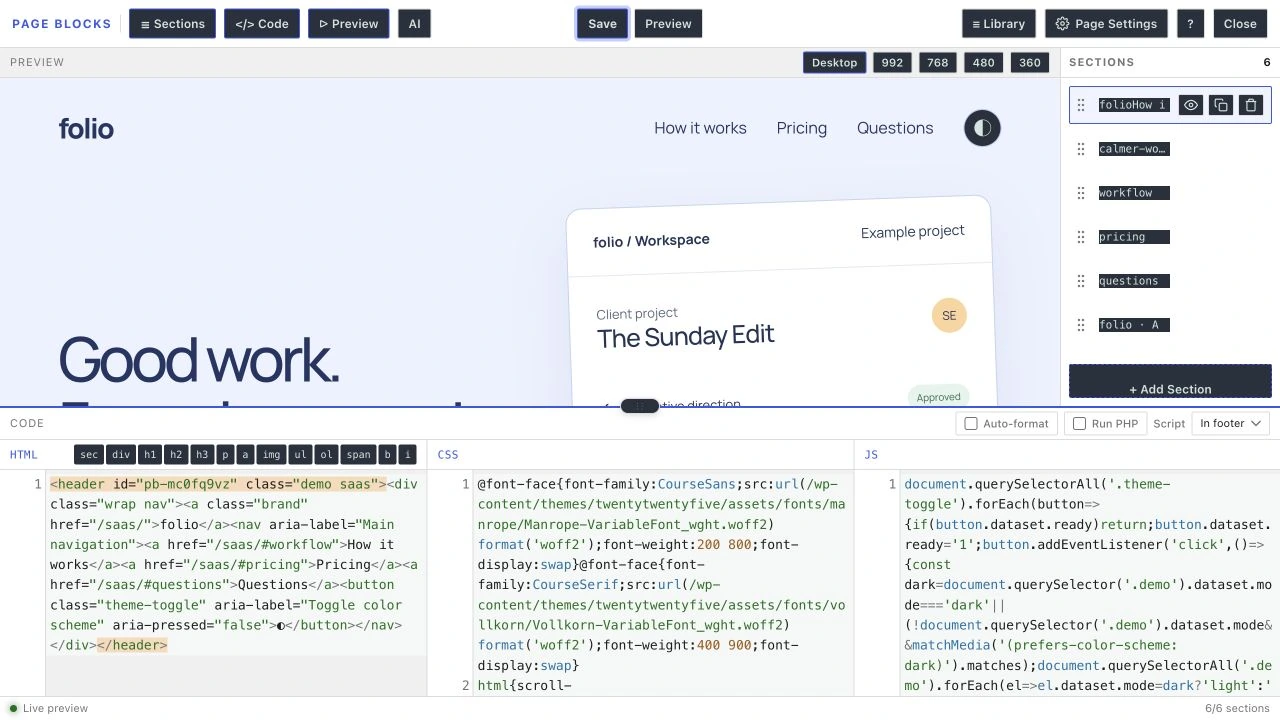 Page Blocks Builder HTML, CSS, and JavaScript editing panels