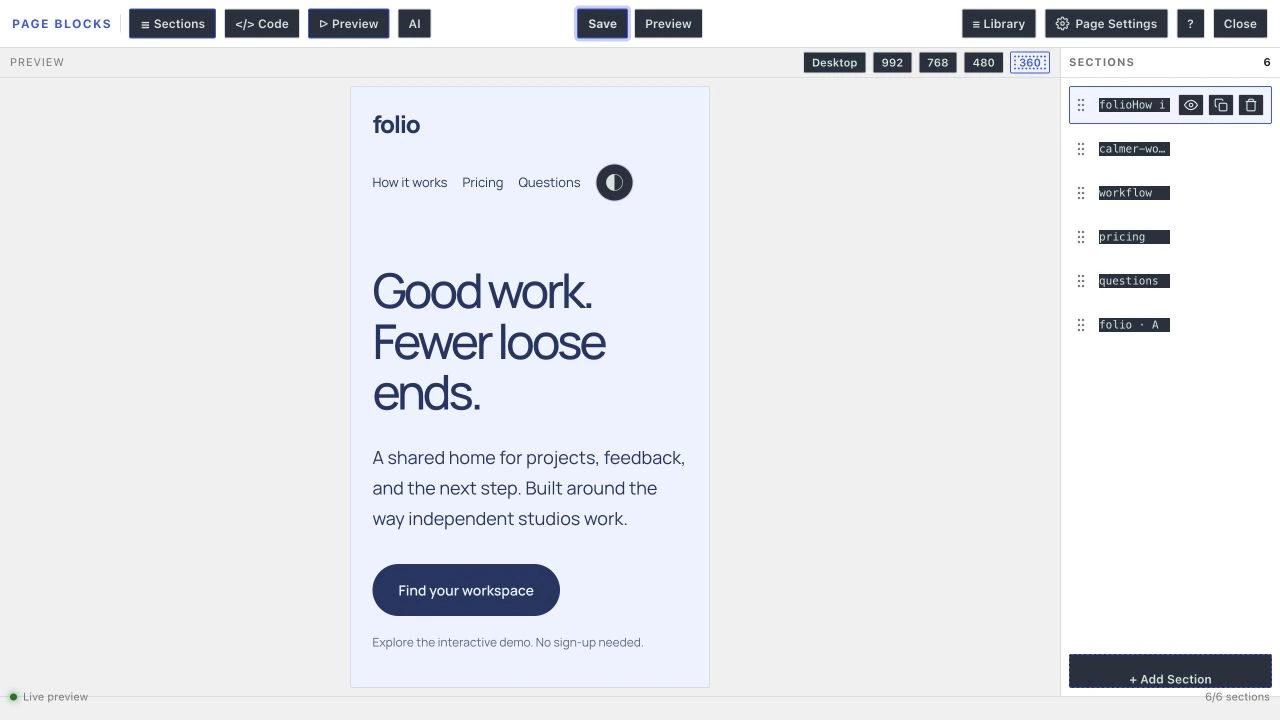 Folio shown in the visual builder at its 360px preview preset.