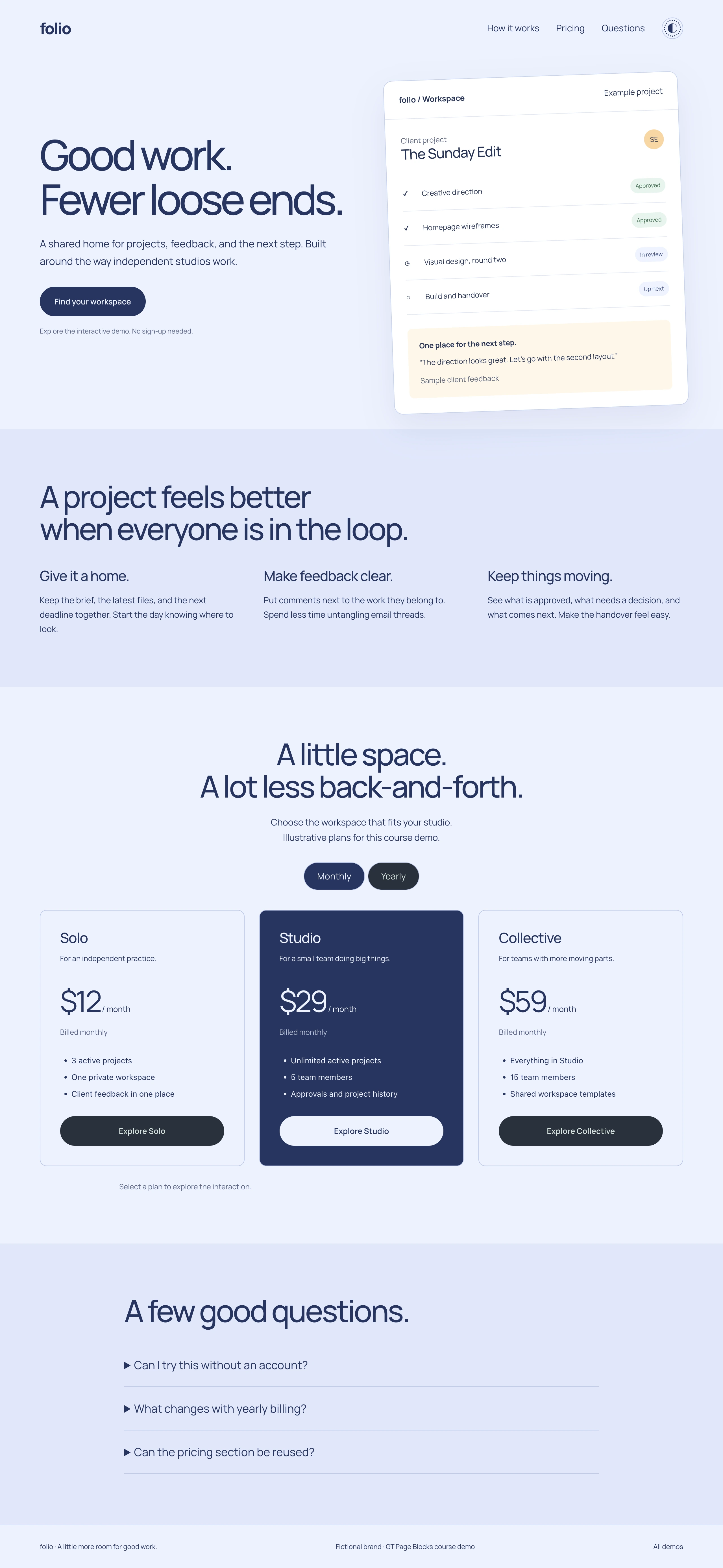 Folio landing page with a project dashboard, workflow section and pricing plans.
