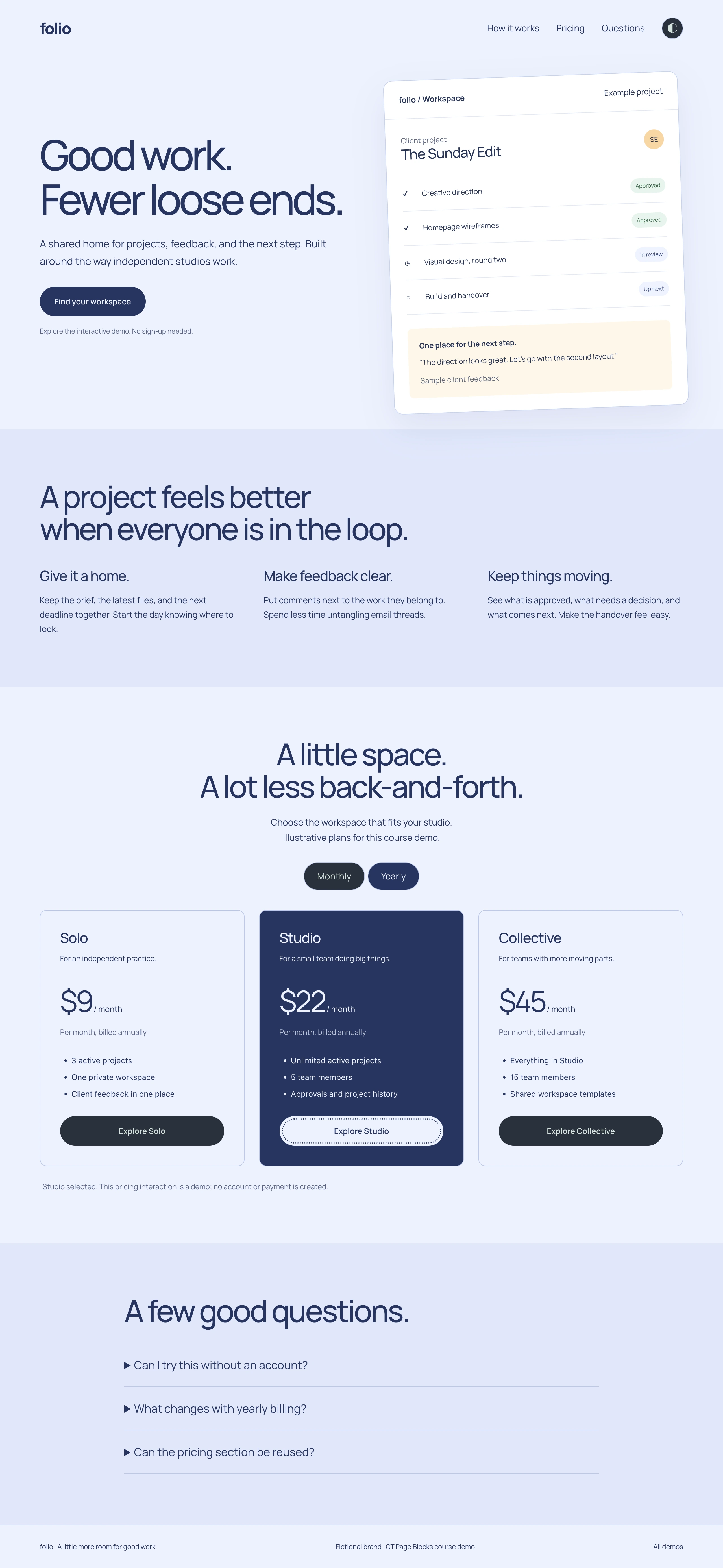 Folio pricing with Yearly selected and the Studio plan selection message.